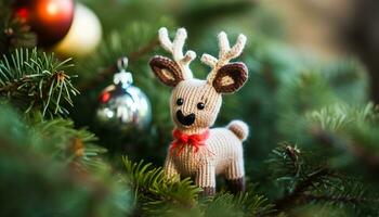 AI generated Cute animal toy on winter tree branch generated by AI photo