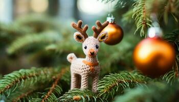 AI generated Cute animal decorating Christmas tree with shiny gift generated by AI photo