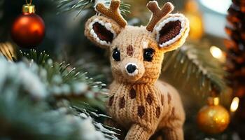 AI generated Cute animal looking at shiny Christmas tree generated by AI photo