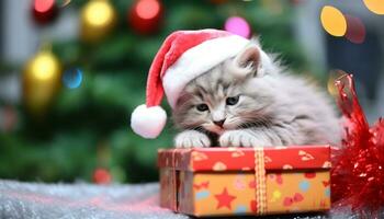 AI generated Cute kitten sitting under Christmas tree, looking playful generated by AI photo