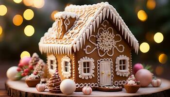 AI generated Homemade gingerbread cookie decoration on rustic wood table generated by AI photo