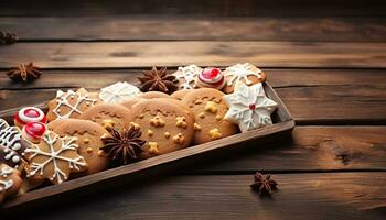 AI generated Homemade gingerbread cookies on rustic wood table generated by AI photo