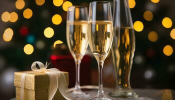 AI generated Champagne celebration, wine glass decoration, glowing Christmas lights generated by AI photo