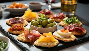 AI generated Gourmet prosciutto snack on rustic wooden table generated by AI photo