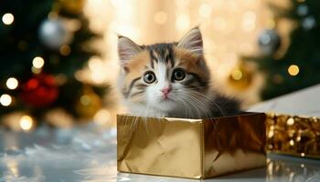 AI generated Cute kitten looking at camera, Christmas gift anticipation generated by AI photo