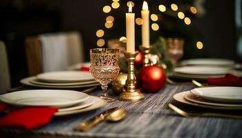 AI generated Elegant table setting with candlelight and silverware generated by AI photo