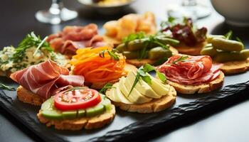 ai generado frescura y variedad en un rústico de madera plato generado por ai foto