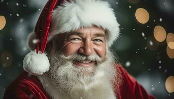 AI generated Smiling senior men celebrate winter with snow and gifts generated by AI photo