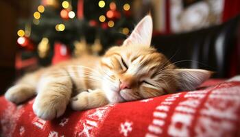 AI generated Cute ginger cat sleeping on cozy sofa generated by AI photo