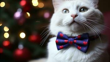 ai generado linda gatito vistiendo un arco Corbata celebra invierno generado por ai foto