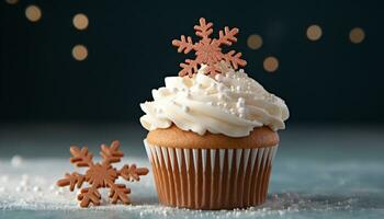AI generated Homemade cupcake with chocolate icing and snowflake decoration generated by AI photo