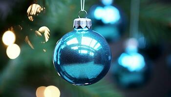 AI generated Christmas ornament hanging on a glowing Christmas tree generated by AI photo