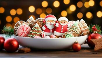 AI generated Christmas celebration, homemade gingerbread cookies on wooden table generated by AI photo