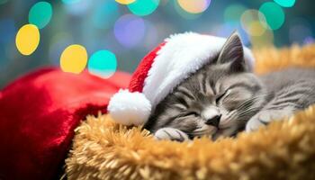 ai generado linda gatito durmiendo, rodeado por invierno decoraciones generado por ai foto