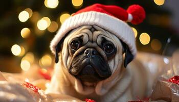 AI generated Cute pug puppy looking at Christmas tree lights generated by AI photo