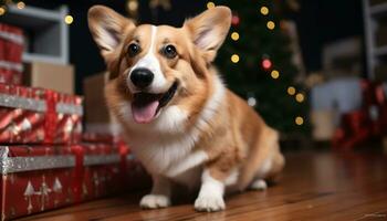 AI generated Cute puppy sitting by Christmas tree, smiling happily generated by AI photo