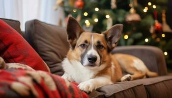 AI generated Cute dog sitting on sofa, looking at Christmas tree generated by AI photo