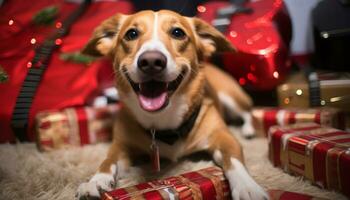 AI generated Cute puppy sitting by Christmas tree, joyful and playful generated by AI photo