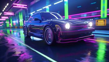 AI generated Luxury sports car speeding through illuminated city generated by AI photo