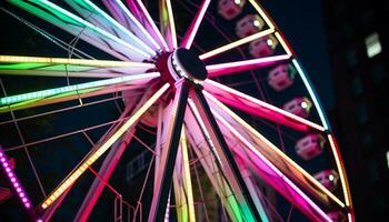 AI generated Spinning wheel of vibrant colors brings nighttime fun generated by AI photo