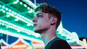 AI generated Young adult man looking away, illuminated city nightlife generated by AI photo