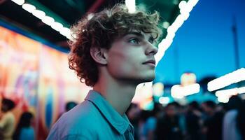 AI generated Young adults enjoying nightlife in illuminated city streets generated by AI photo