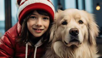 AI generated Cute dog smiling, child embracing, joyful outdoors generated by AI photo