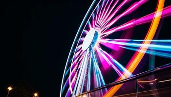 AI generated Bright neon lights illuminate the spinning amusement park ride generated by AI photo