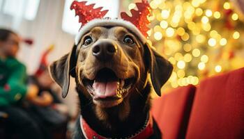 AI generated Cute dog sitting, looking at camera, Christmas celebration generated by AI photo