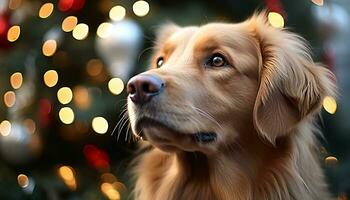 AI generated Cute puppy sitting under Christmas tree, looking cheerful generated by AI photo