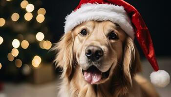 AI generated Cute puppy sitting, looking at camera, Christmas celebration generated by AI photo