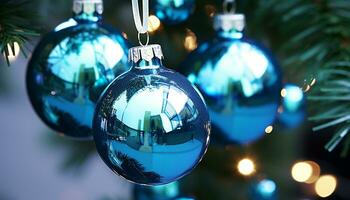 AI generated Shiny Christmas ornament hanging on tree, glowing brightly generated by AI photo