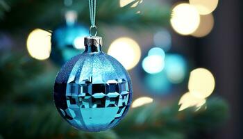 AI generated Shiny Christmas ornament hanging on glowing Christmas tree generated by AI photo