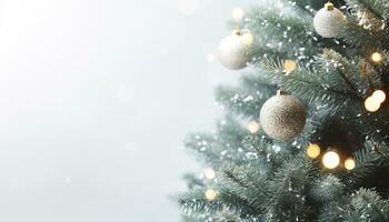 ai generado Navidad árbol decorado con brillante adornos y nieve generado por ai foto