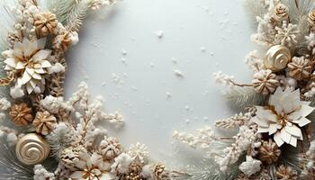 ai generado invierno árbol rama con copo de nieve decoraciones generado por ai foto