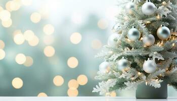 AI generated Christmas tree decorated with shiny ornaments and lights generated by AI photo