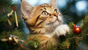 AI generated Cute kitten sitting on branch, staring at camera generated by AI photo