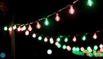 AI generated Bright, glowing Christmas lights illuminate the dark night generated by AI photo