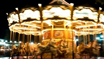 AI generated Blurred motion, spinning carousel, vibrant colors, joyful night generated by AI photo