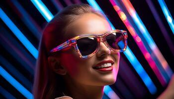 ai generado joven mujer en Gafas de sol sonriente a Club nocturno fiesta generado por ai foto