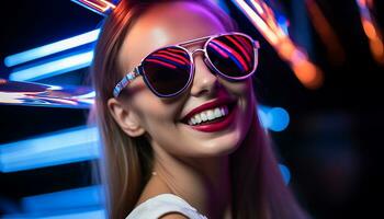 ai generado sonriente mujer en Gafas de sol disfruta la vida nocturna y Moda generado por ai foto