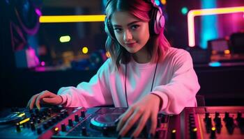 AI generated Young adult enjoying nightclub party with DJ mixing generated by AI photo