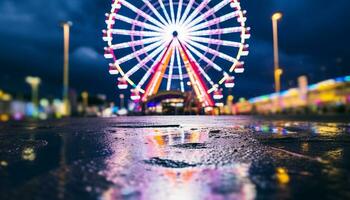 ai generado Noche carnaval paseo giros, luces difuminar, ciudad viene viva generado por ai foto