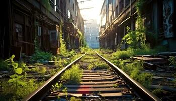 AI generated Abandoned railroad track vanishing into rusty vanishing point generated by AI photo