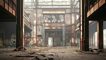 AI generated Abandoned factory, broken walls, rusty steel, spooky darkness generated by AI photo