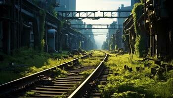 AI generated Vanishing point of abandoned railroad track in nature generated by AI photo