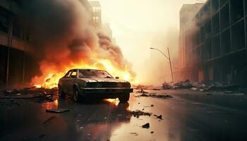 AI generated Burning car crashes, flames explode, destruction spreads generated by AI photo