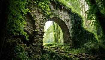 AI generated Ancient stone bridge over tranquil forest ravine generated by AI photo