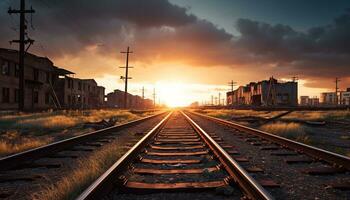 AI generated Vanishing point of steel tracks, sunset illuminates city generated by AI photo