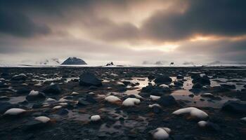 AI generated Dramatic sky over icy mountain peak reflects tranquility generated by AI photo